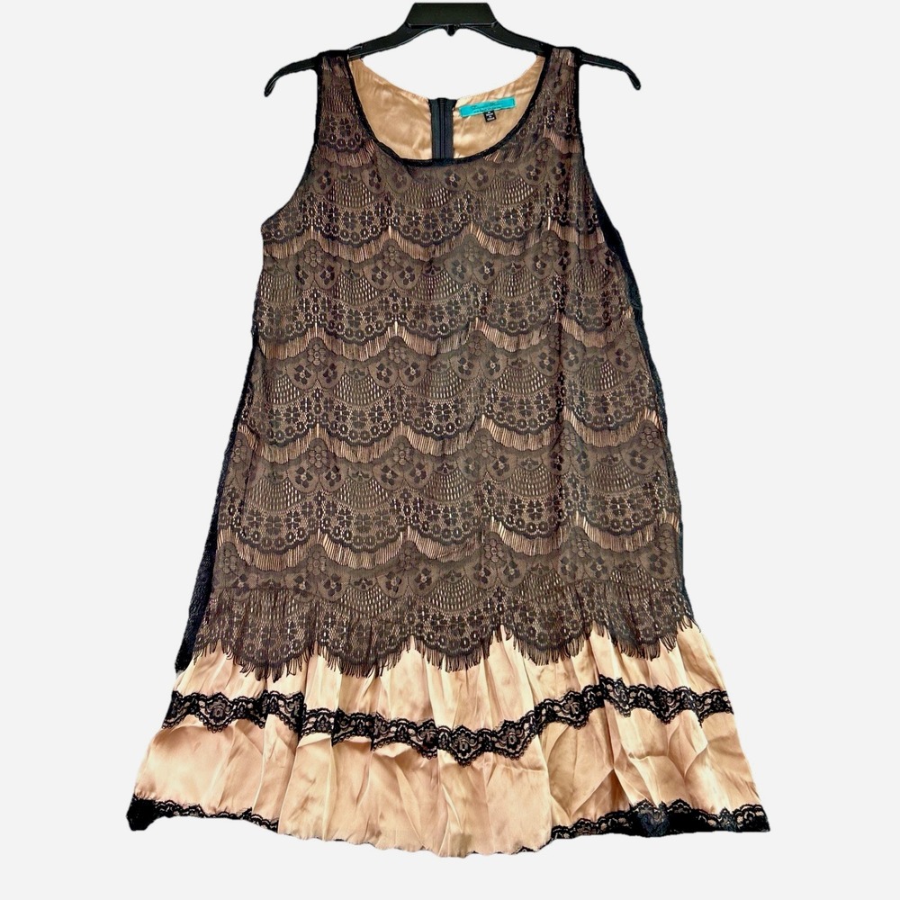 Turquoise Haven M‎ Black Lace Overlay Peach Slip Dress Flapper Satin Coquette